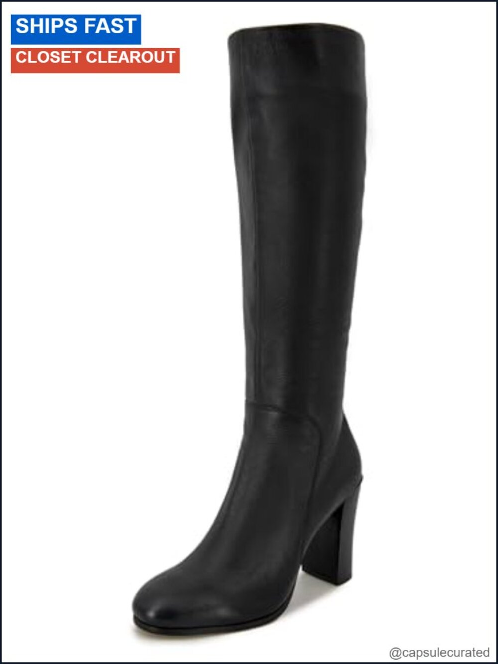 Knee-High Leather Heeled Boots Stacked Block Heel Side Zip Round Toe